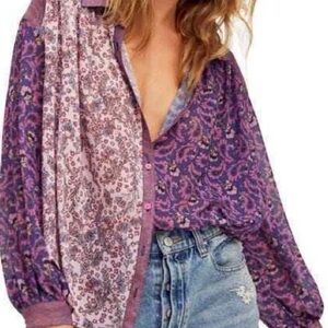 Free People Blouse Top Womens S Boho Dani Button Up Semi Sheer Floral Patchwork